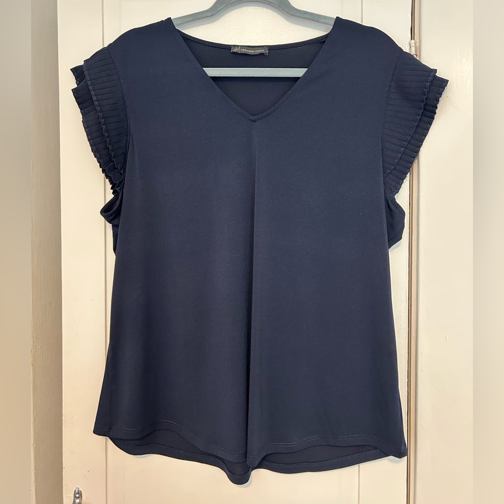 Adrianna Papell navy Blue Blouse with Pleated Sleeves. Size large